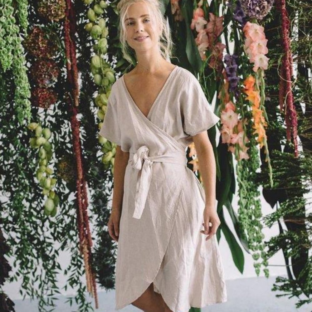 100% Linen White Wrap Dress